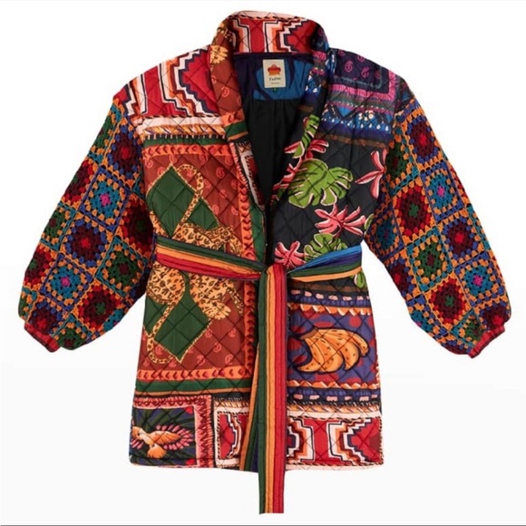FARM RIO Patchwork Tapestry Crochet-Sleeve Puffer Jacket Coat Small NWT - Picture 3 of 14